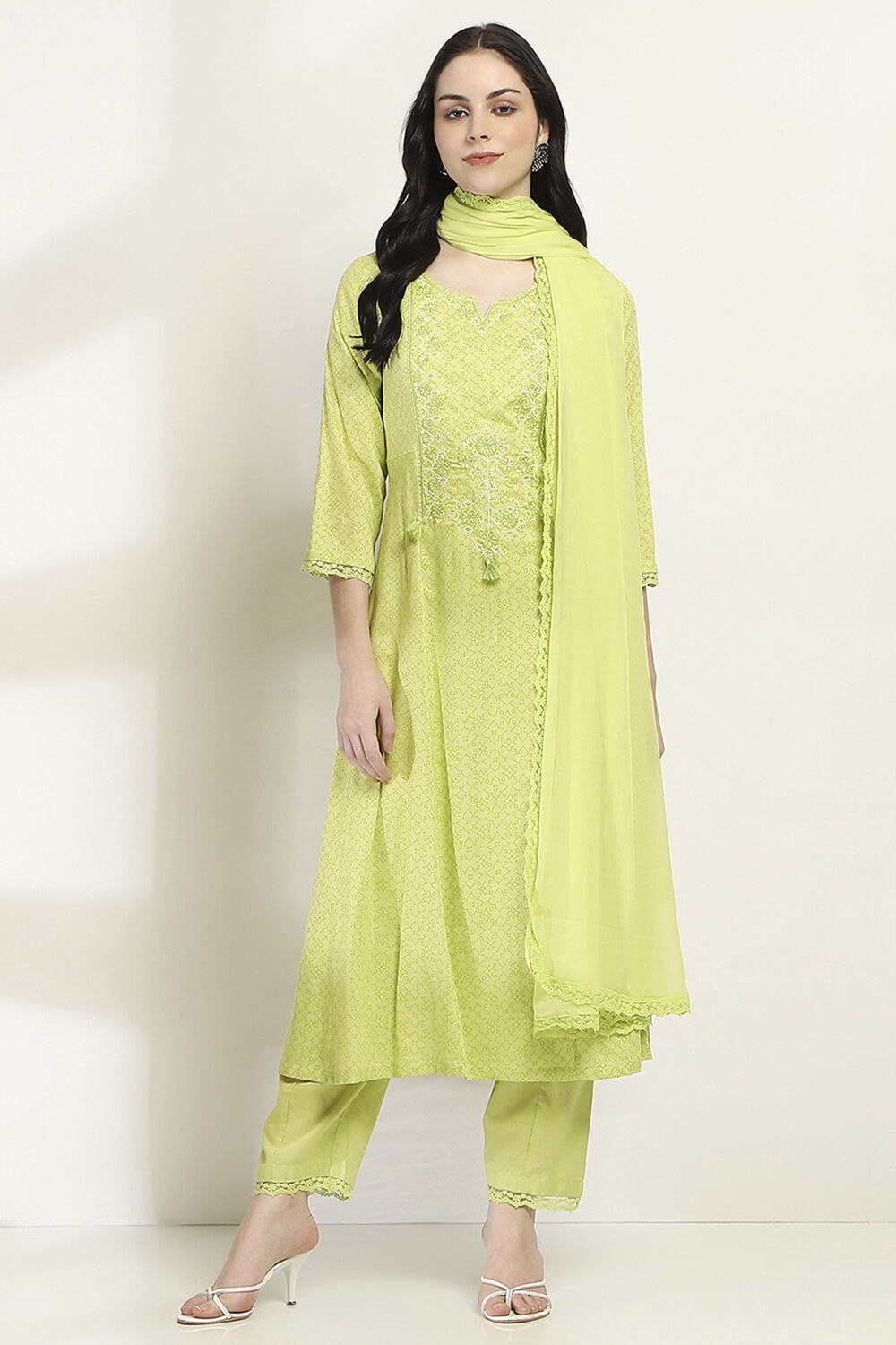 Lime Green Viscose Rayon Flared Set image number 6
