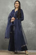Indigo Blue Viscose Blend Printed Straight Sharara Suit Set