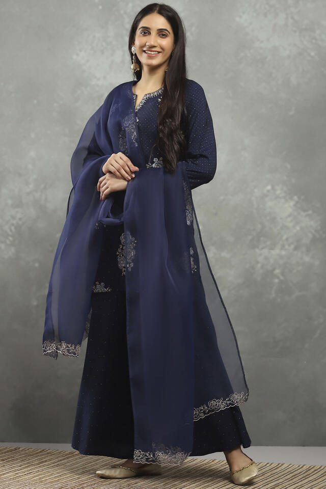 Rangriti Viscose Blend Printed Straight Festive Kurta With Sharara And Dupatta in Indigo Blue