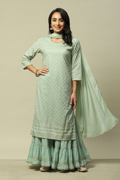 Sage Green Cotton Straight Printed Kurta Sharara Suit Set image number 0