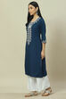 Indigo Blue Embroidered Detail Straight Kurta image number 2