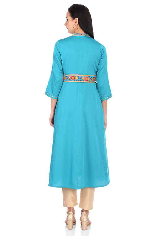 Turquoise Front Open Cotton Kurta image number 6