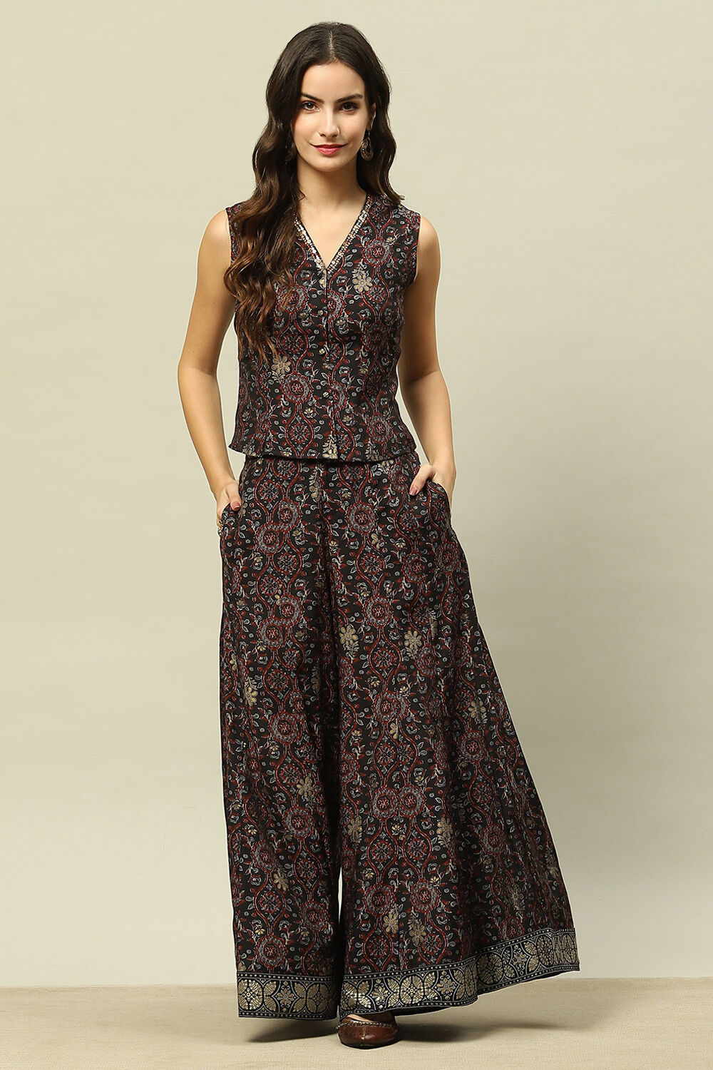 Black Viscose Blend Straight Printed Kurta Palazzo Suit Set image number 6