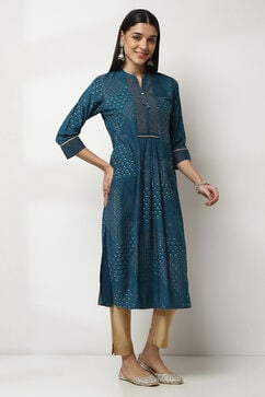 Teal Blue Viscose Printed Straight Kurta image number 4
