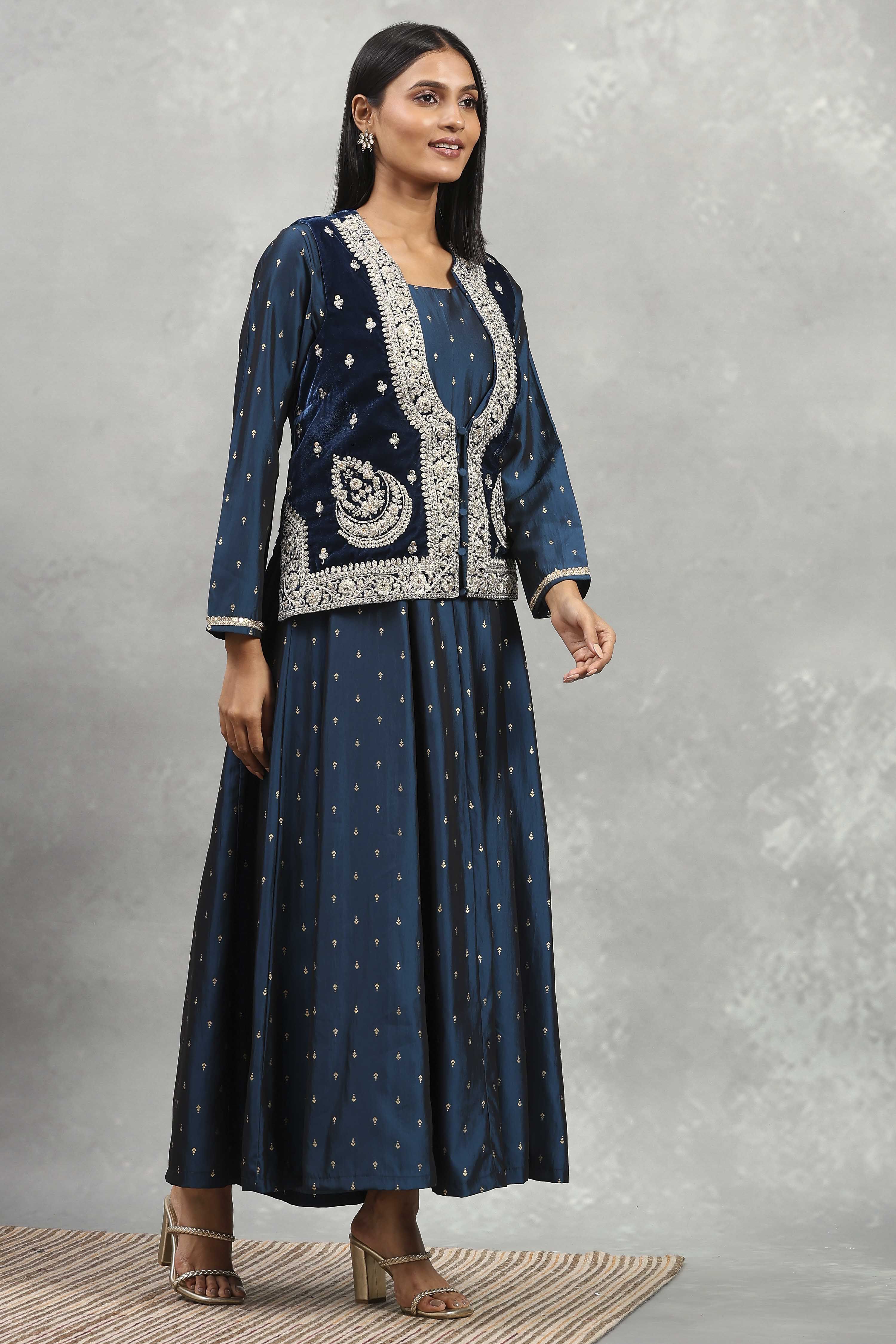 Blue Polyester Blend Printed Kalidar Dress image number 3