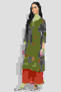 Olive Green Printed Straight Kurta image number 2
