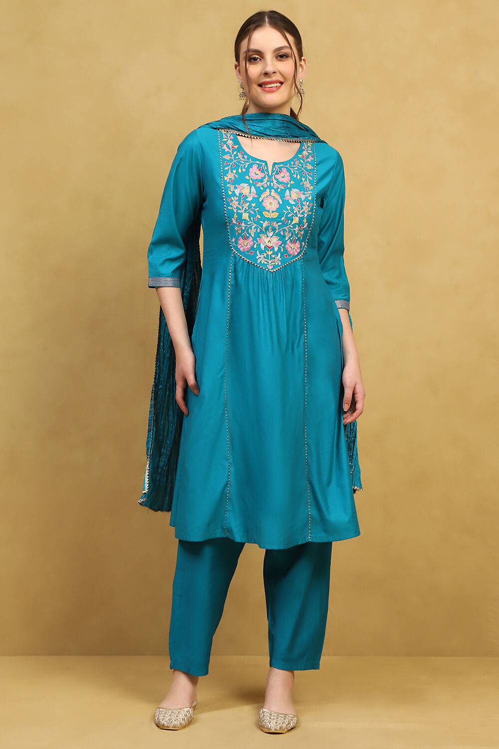 Teal Polyester Solid Straight Suit Set image number 6