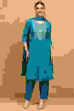 Teal Blue Pleated Straight Suit Set image number 6