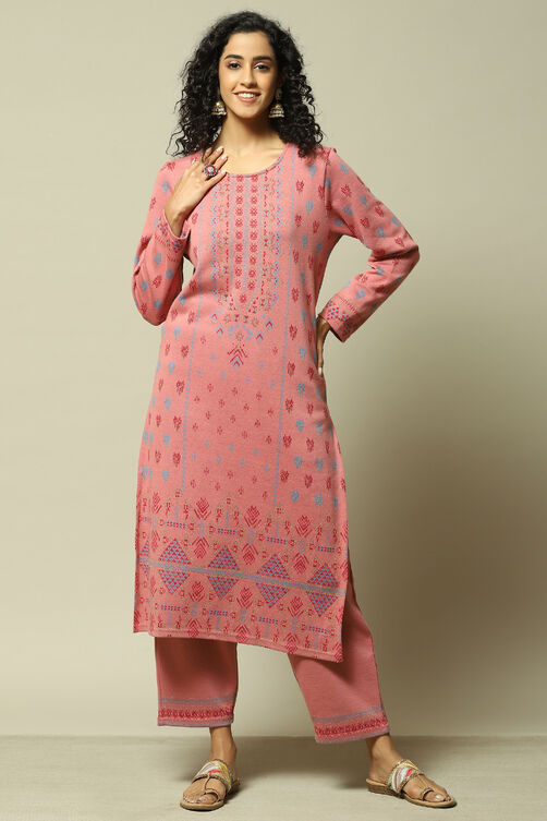 Ecru Jacquard Straight Printed Kurta Palazzo Suit Set image number 0