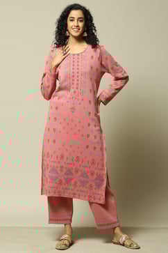 Peach Jacquard Straight Printed Kurta Palazzo Suit Set image number 0