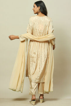Beige LIVA Woven Tired Kurta Suit Set image number 4