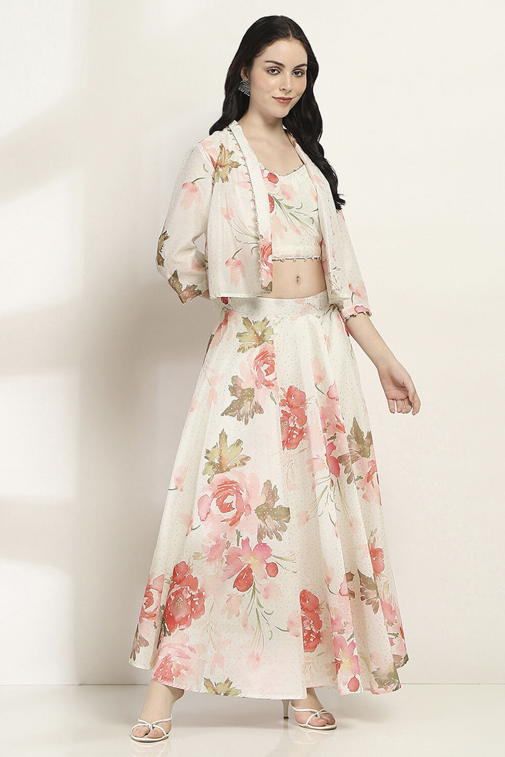 Off White Viscose Blend Skirt Set image number 5