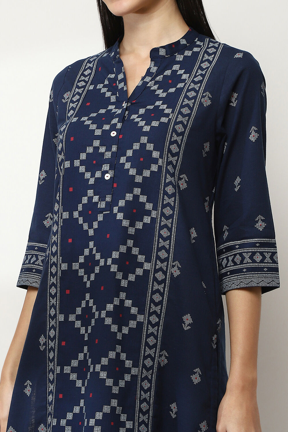 Navy Blue Cotton Printed Straight Kurta image number 1