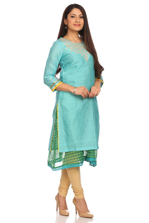 Turquoise Cotton Straight Kurta image number 1
