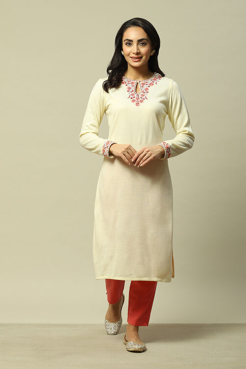 White Acrylic Straight Solid Kurta image number 5