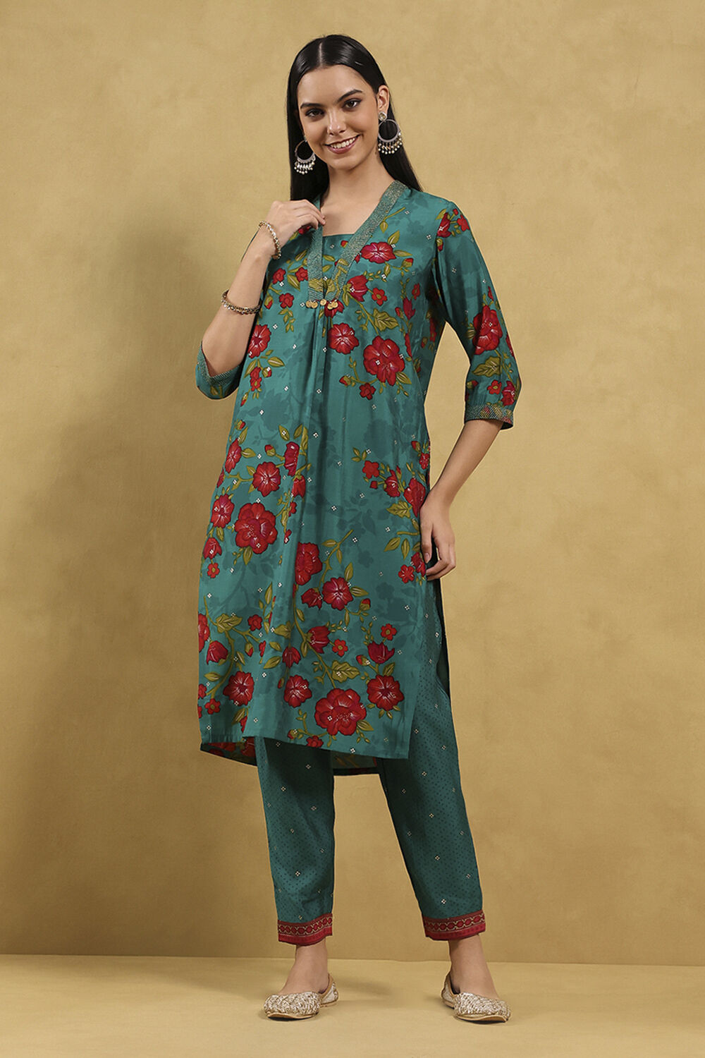 Teal Viscose Blend Printed Straight Kurta Pants Set image number 6