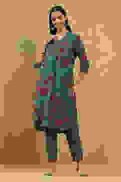 Teal Viscose Blend Printed Straight Kurta Pants Set image number 6