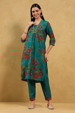 Teal Viscose Blend Printed Straight Kurta Pants Set image number 6