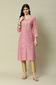 Pink LIVA Straight Printed Kurta image number 5