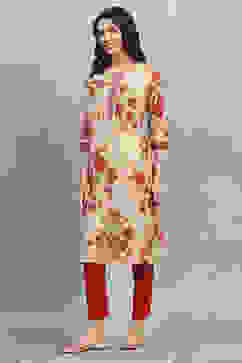 Beige Floral Printed Straight Kurta image number 2