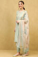Green Viscose Blend Embroidered Straight Suit Set image number 3