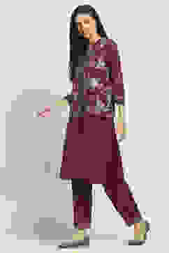 Wine Viscose Blend Printed Straight Kurta Pants Set image number 3