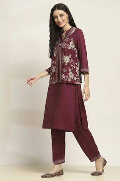 Wine Viscose Blend Printed Straight Kurta Pants Set image number 3