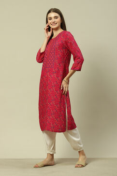 Pink LIVA Straight Printed Kurta image number 2