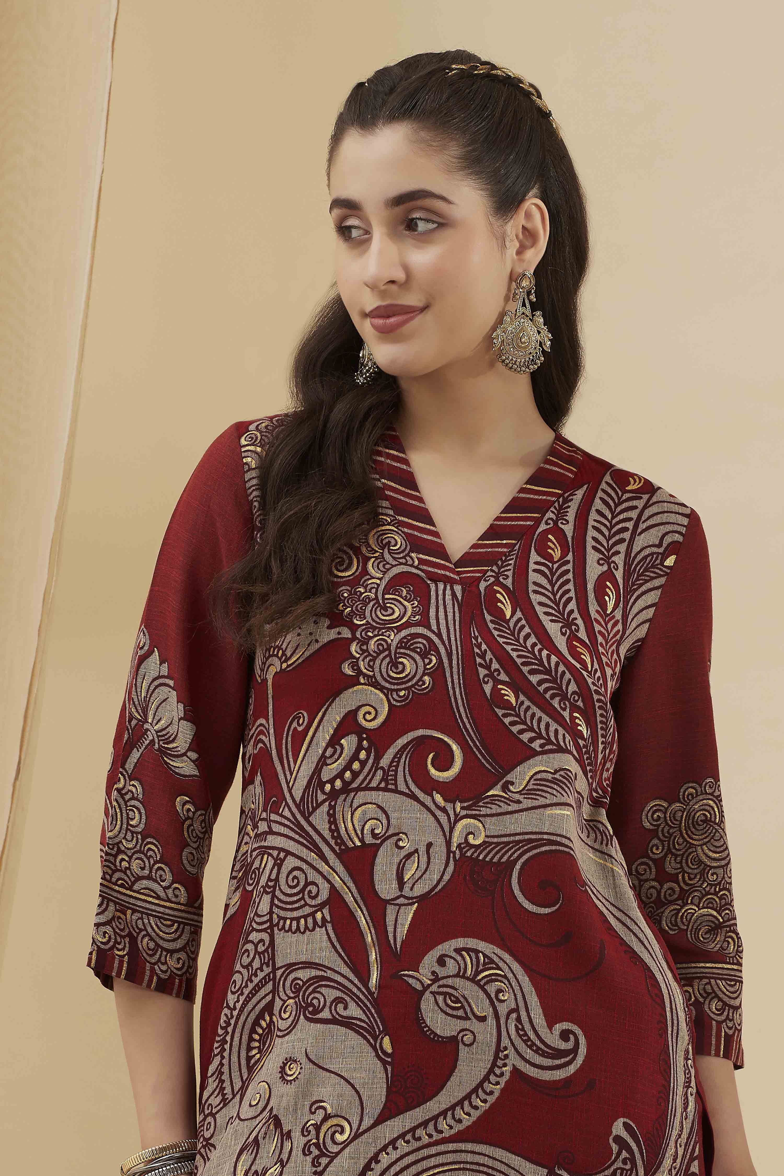 Rust Viscose Blend Straight Printed Kurta Pants Set image number 1