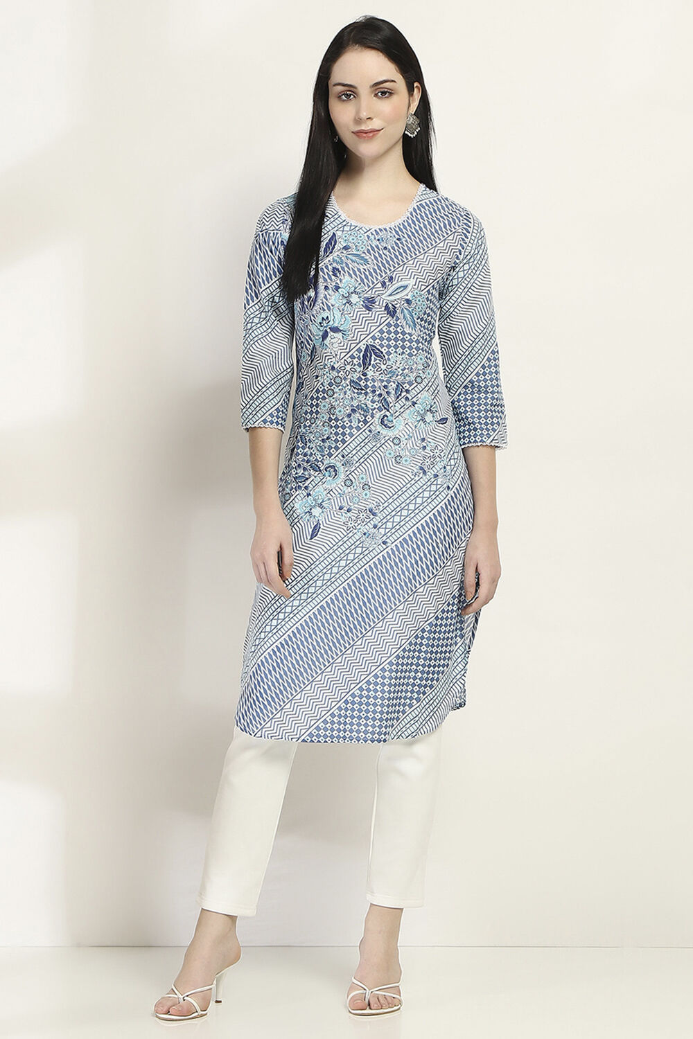 Indigo Cotton Printed Straight Kurta image number 5