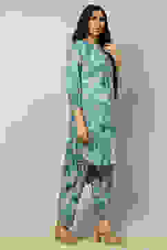 Aqua Blue Floral Printed Straight Co-ord Set image number 5