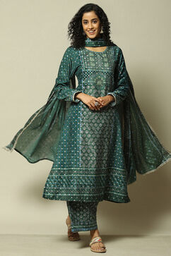 Green Polyester Straight Printed Kurta Palazzo Suit Set image number 0