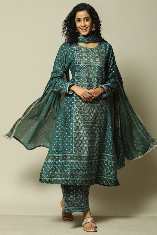 Green Polyester Straight Printed Kurta Palazzo Suit Set