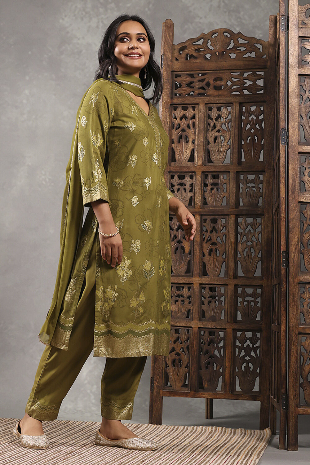 Lime Viscose Rayon Printed Straight Suit Set image number 6