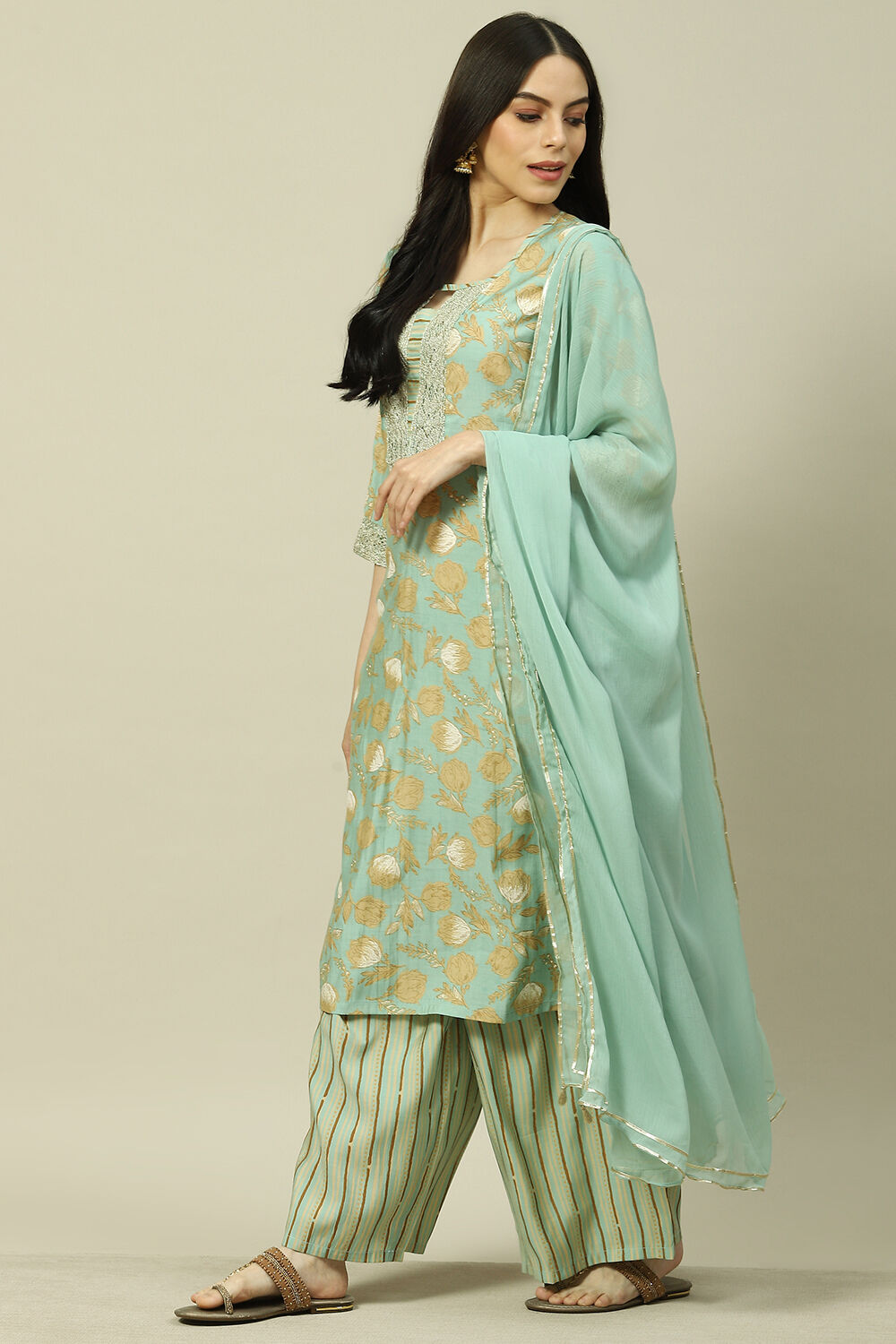 Light Blue Cotton Blend Woven Straight Kurta Suit Set image number 5