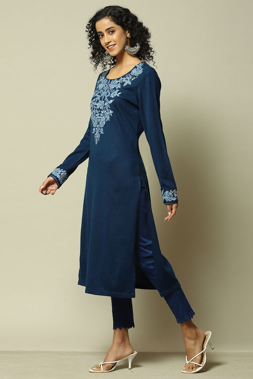 Cobalt Blue Acrylic Straight Solid Kurta image number 2