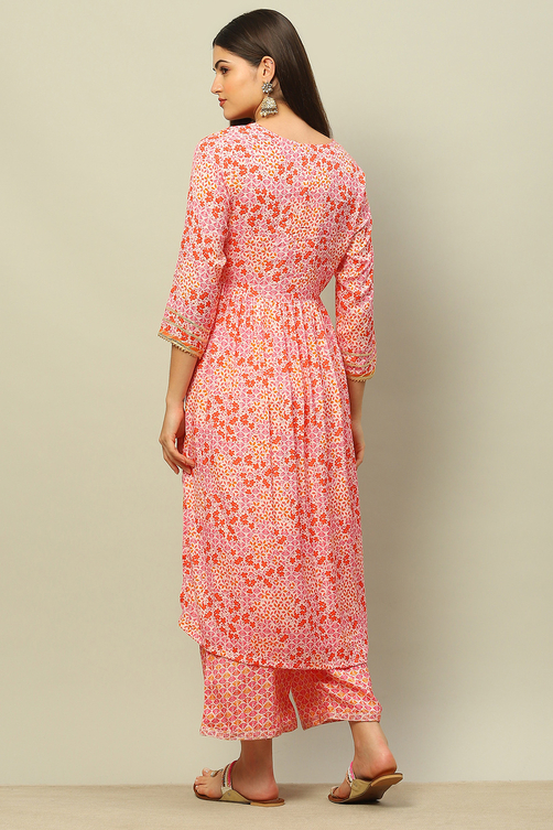 Orange Viscose Muslin Straight Printed Kurta Palazzo Suit Set image number 4