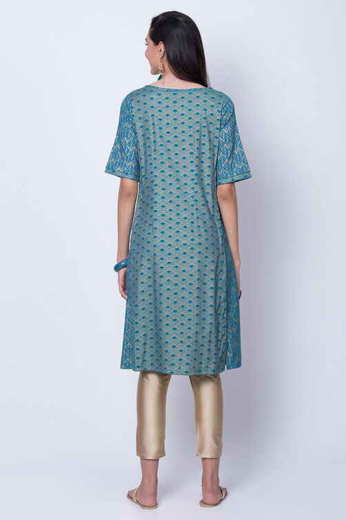 Turquoise Poly Cotton A Line Kurta image number 4