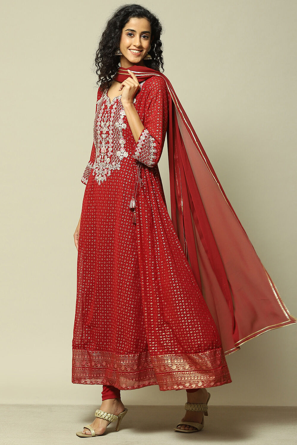 Buy Wine Polyester Kalidar Printed Kurta Legging Suit Set 3N by Rangriti