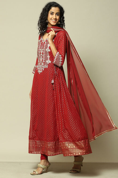 Ecru Polyester Kalidar Printed Kurta Legging Suit Set image number 0