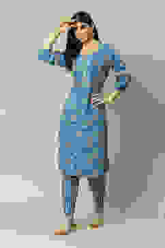Blue LIVA Straight Printed Kurta Palazzo Suit Set image number 0