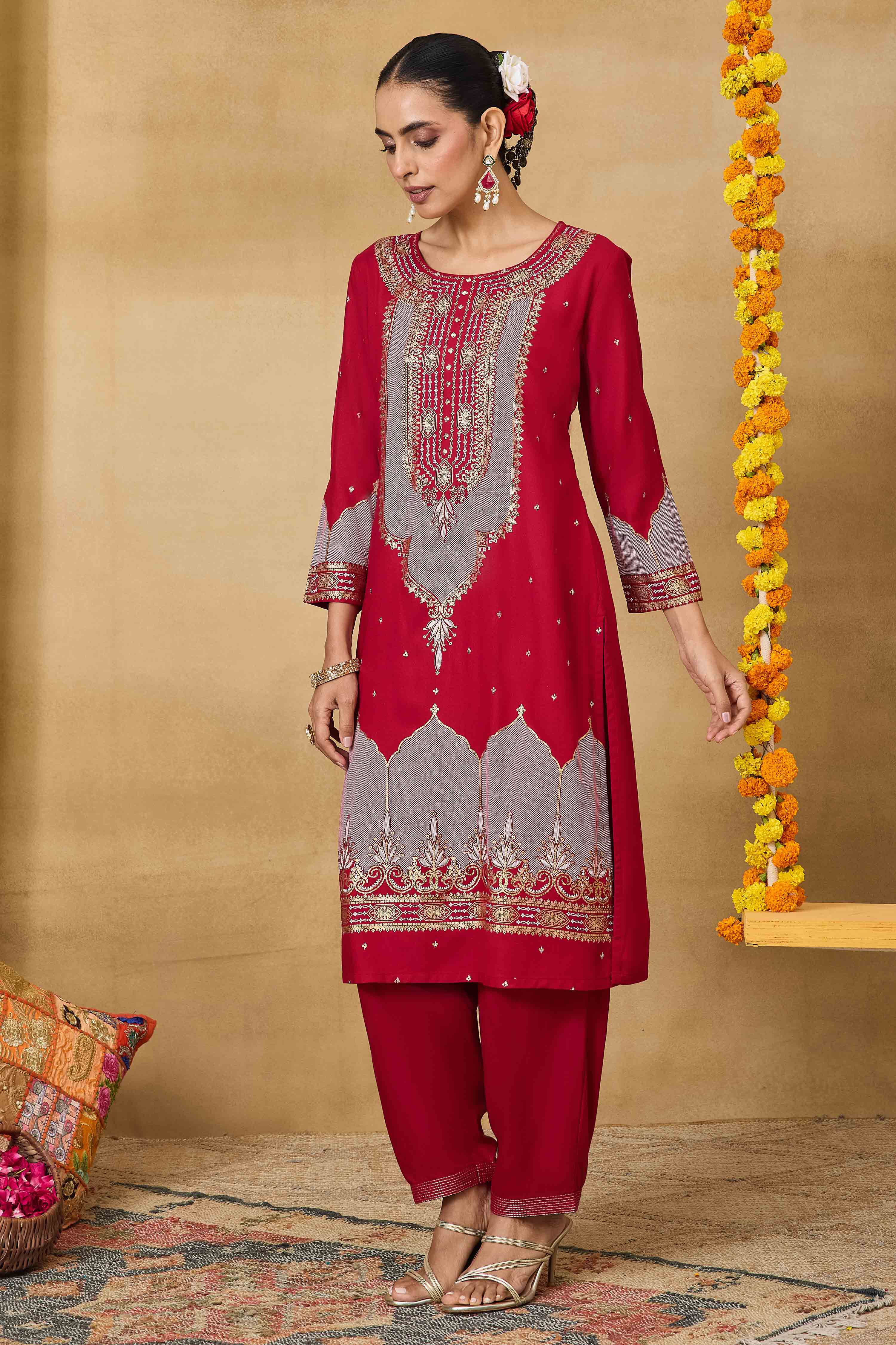 Red Viscose Rayon Straight Printed Kurta Pants Set image number 6