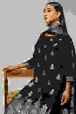 Black Acrylic Straight Yarn Dyed Kurta Palazzo Suit Set image number 7