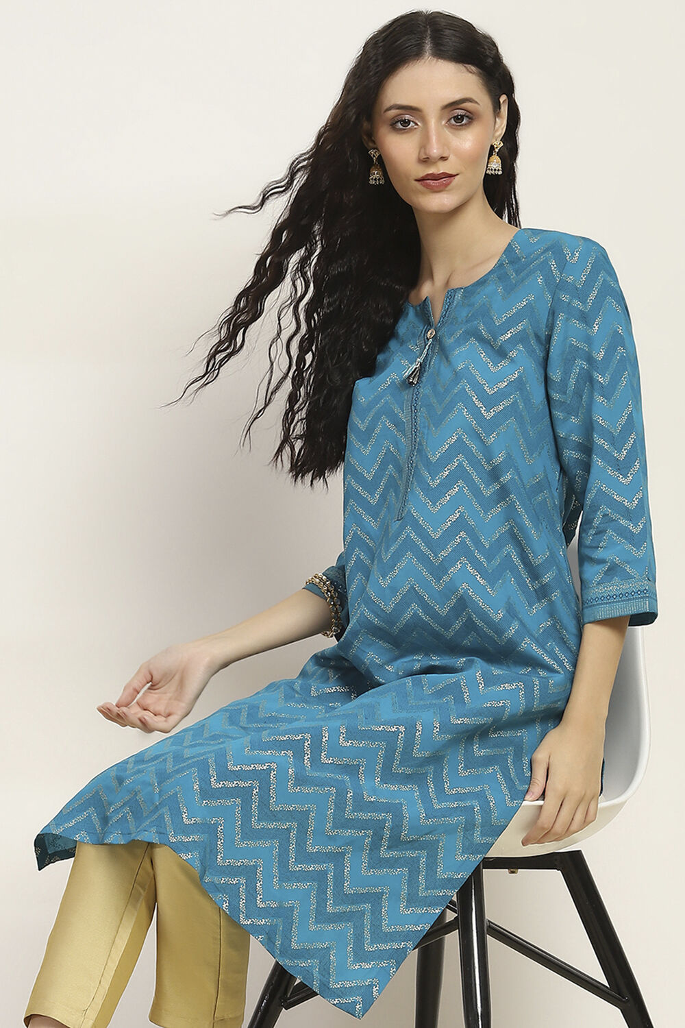 Aqua Viscose Blend Printed Straight Kurta image number 0