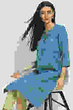 Aqua Viscose Blend Printed Straight Kurta image number 0