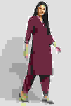 Wine Viscose Blend Printed Straight Kurta Pants Set image number 7