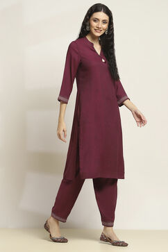 Wine Viscose Blend Printed Straight Kurta Pants Set image number 7