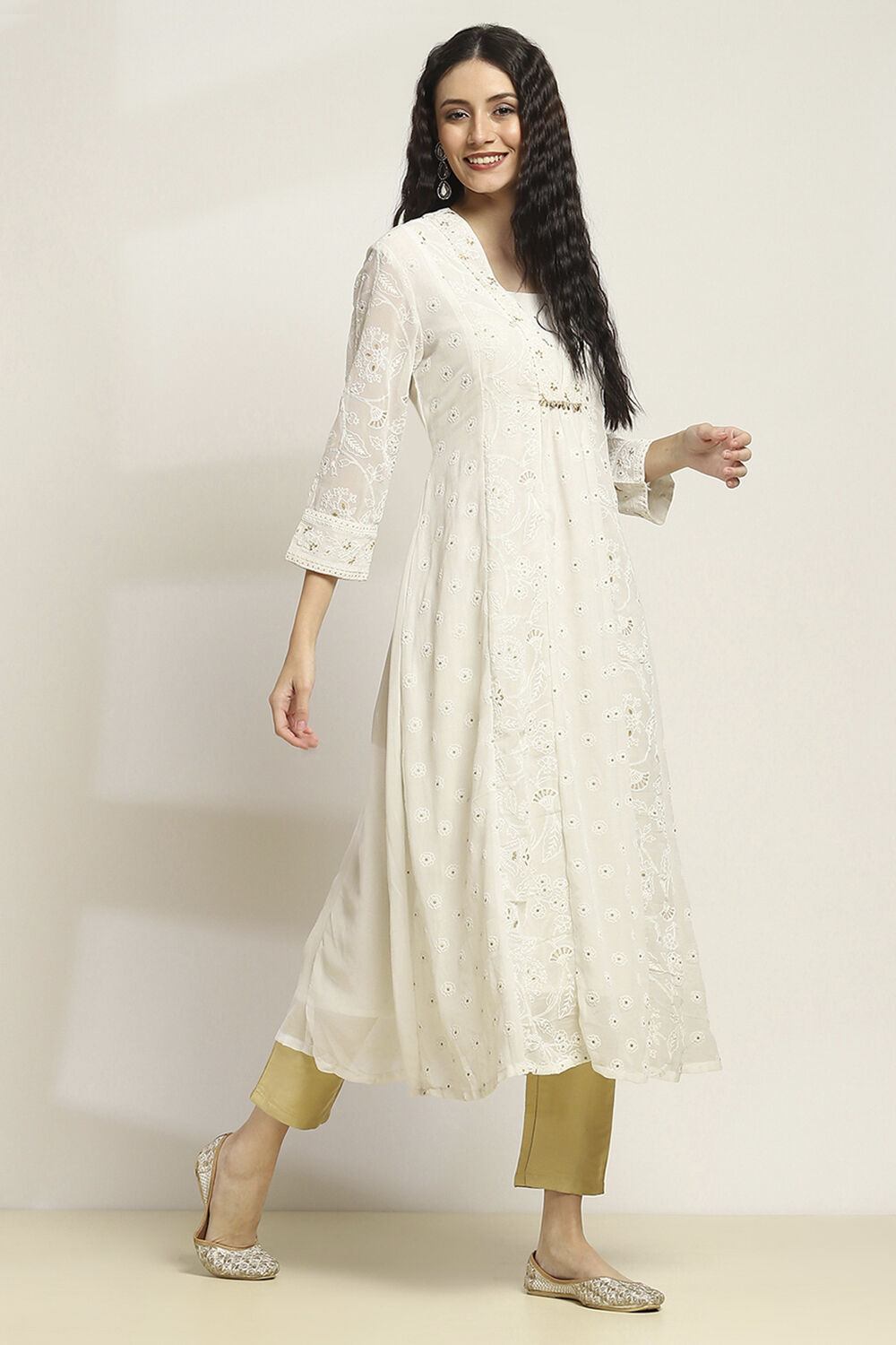 White Printed Flared Kurta image number 4