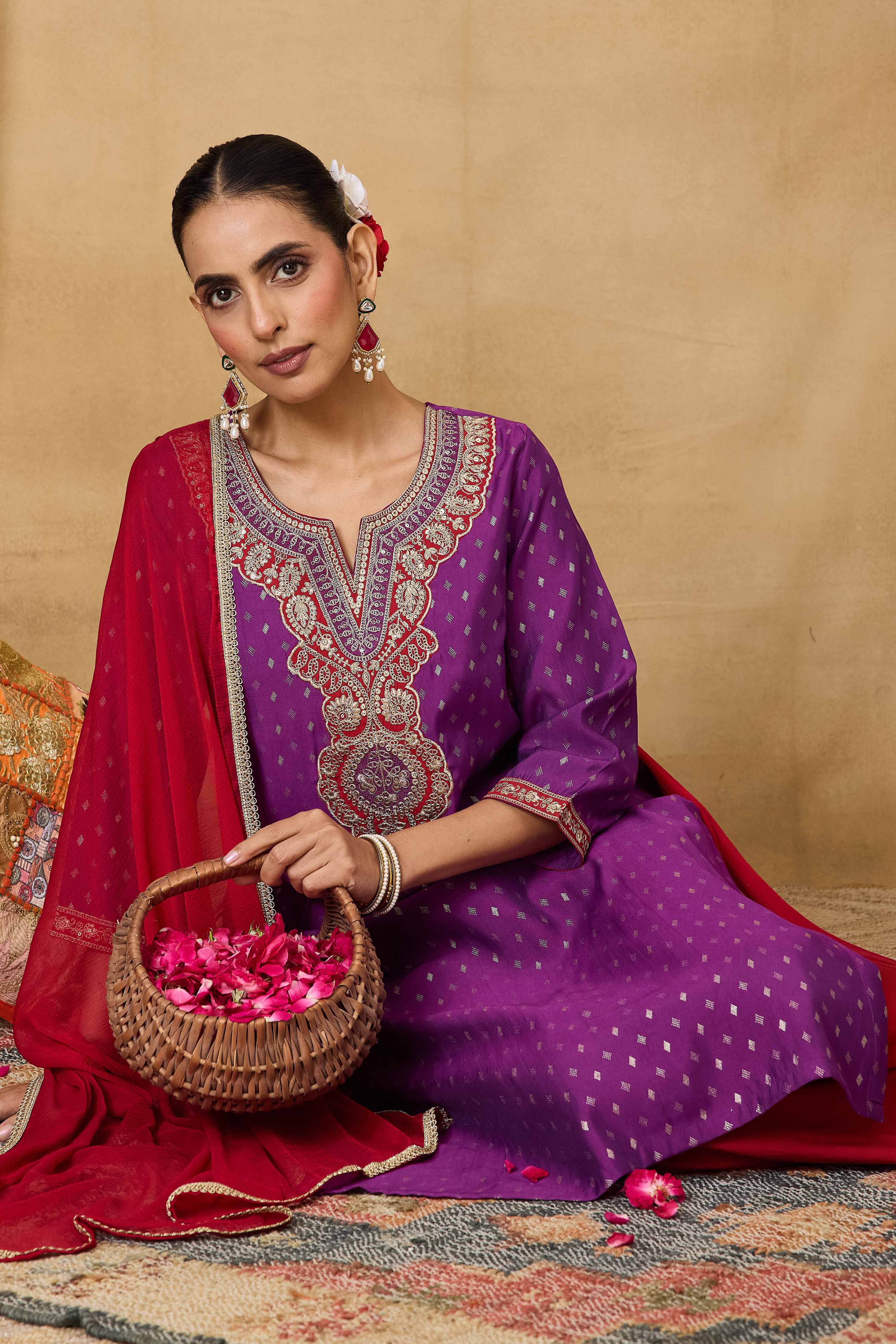 Purple Viscose Blend Straight Printed Suit Set image number 8