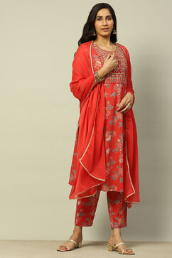 Red Cotton Lurex Floral Printed Straight Suit Set image number 0